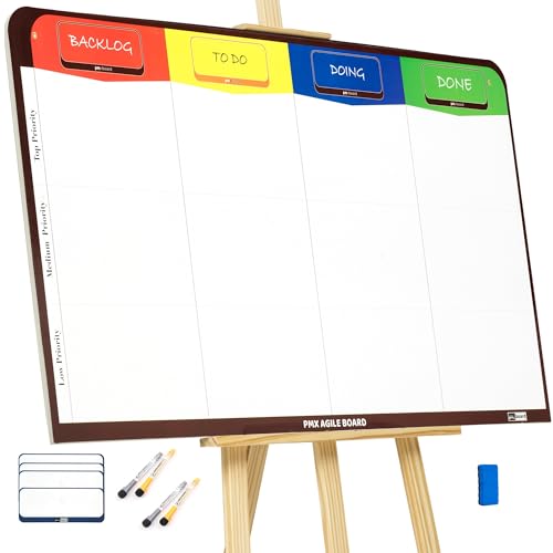 PMXBOARD Magnetic Kanban & Scrum Board – Lightweight Agile Whiteboard with Customizable Headlines | Project Planning Board for Home, Office & School | Includes Easel, Markers, Eraser & Wall Mount Kit