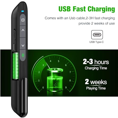USB C Rechargeable Presentation Clicker with Green Light, Remote Clicker for Presentations Wireless Presenter Slide Changer PPT Advancer with Volume Control for Laptop Computer