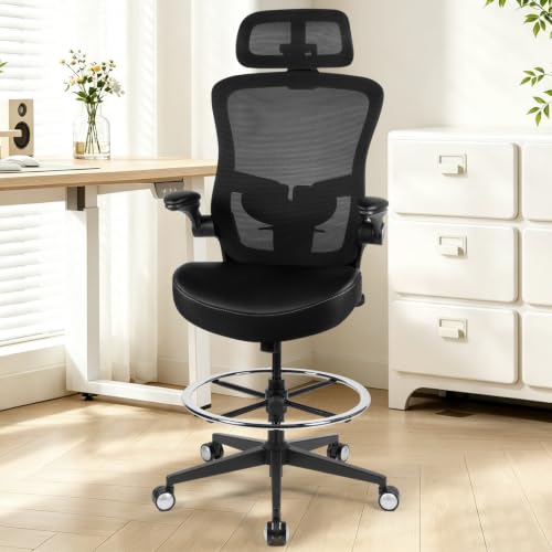 Drafting Chair 400lbs Tall Office Chair Heavy Duty Ergonomic Standing Desk Chair with Adjustable Lumbar Support, Flip-Up Armrests, Footrest Ring and Headrest