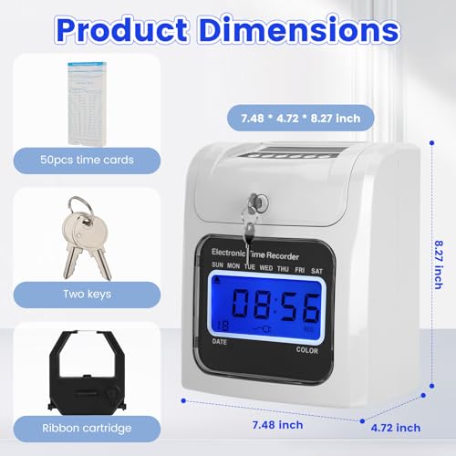 METALBEE Time Clock for Employees Small Business, Auto-Align Punch Clock with 50 Time Cards, 2-Color Printing (Black/Red), Backlit LED Display, Attendance Machine for Office