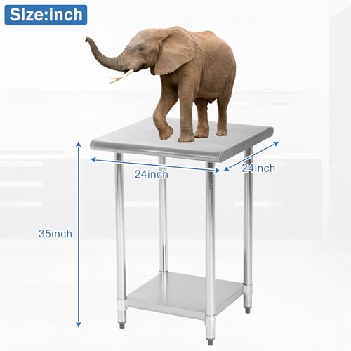 Hudada Stainless Steel Work Table - 24 x 24 inch, Heavy Duty, Adjustable Feet, Scratch Resistant & Anti-Rust