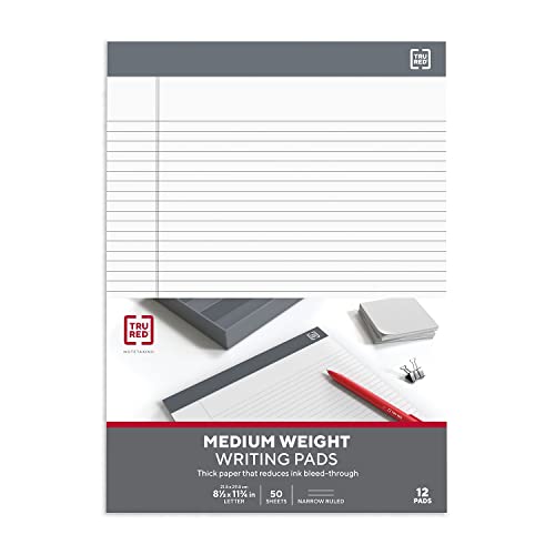 TRU RED Notepads, 8.5x11.75 Inch, Narrow Ruled, White, 12-Pack