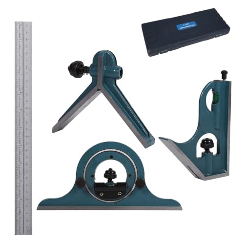 Hyeqs Stainless Steel Universal Bevel Protractor Set, Combination Square Set, with Engraved Scale, Fine Adjustment Roller Knob, and Case, Great for Woodworking and Metalworking.