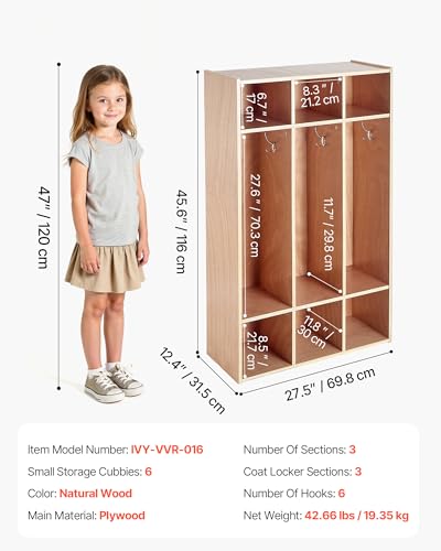 VEVOR 3-Section Coat Locker, Kids Lockers with 6 Hooks & Non-Slip Mat, Classroom Cubbies for Daycare, Home, Kindergarten- Natural