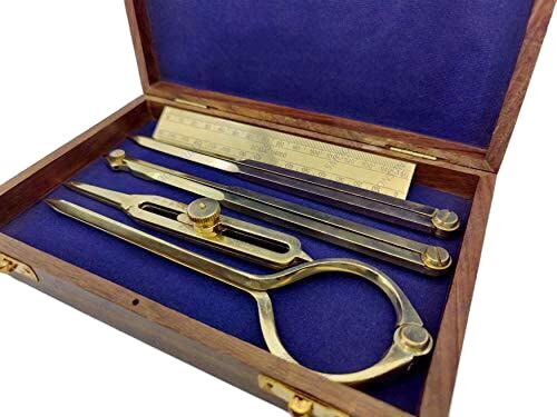 Proportional Divider Set of 5, Full Brass dividers with Executive Wooden Box, Single Handed 8" Geometry Drafting Divider for Maritime & Naval, Solid Brass Proportional Drawing Tool with Wooden Case