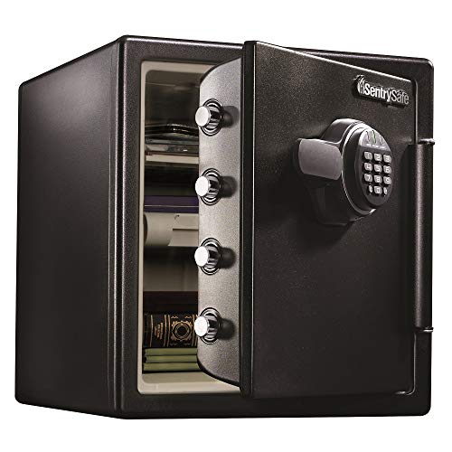 SentrySafe Fireproof and Waterproof Black Steel Home Safe with Digital Keypad Lock and Organization Trays for Money, Documents, 1.23 Cubic Feet, SFW123EU