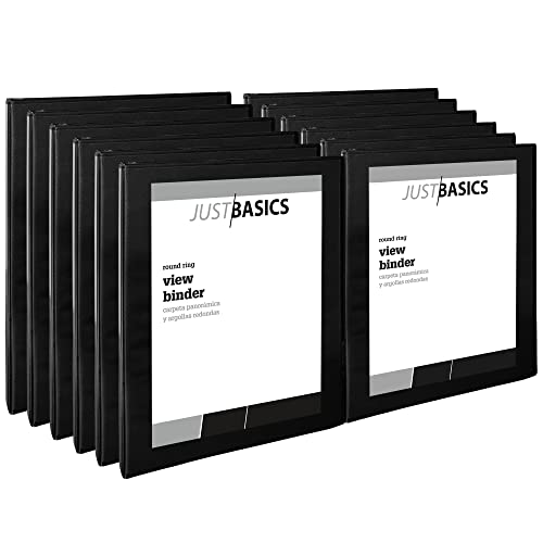 Just Basics Round-Ring View Binder, 1/2" Rings, 61% Recycled, Black, Pack of 12 Binders