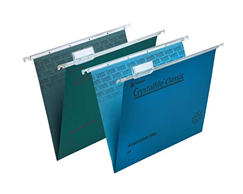 Rexel A4 Suspension Files with Tabs and Inserts for Filing Cabinets, 15 mm V Base, 100 Percent Recycled Manilla, Blue, Crystalfile Classic, Pack of 50, 78160