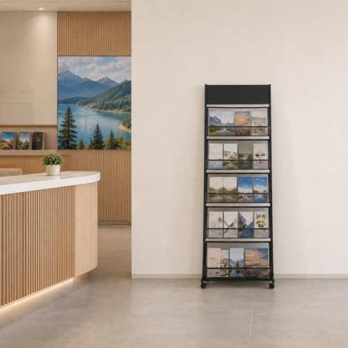 5 Tiers Freestanding Magazine Rack Iron Brochure Display Stand on Wheels