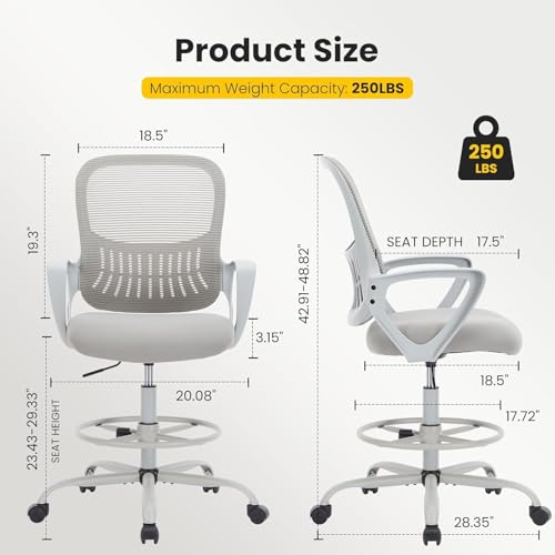 Nextay Ergonomic Tall Drafting Chair with Lumbar Support, Adjustable Mesh Office Chair with Footrest for Standing Desk (Gray)