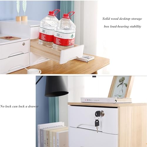 GFSGHZZ Solid Wood Storage Box - Desktop File Cabinet Wood Desk Nizer with 2 Drawers Lockable Desktop Countertop Storage Cabinet for Supplies File Tabletop Nizing,Brown+White-2 Layer