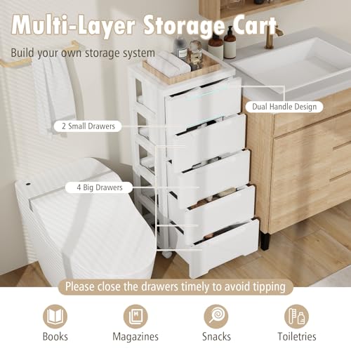 LDAILY Rolling Storage Cart with Drawers, 6 Drawers Storage Cart on Wheels Set of 2, Drawer Cart with 2 Lockable Wheels & Smooth Drawers, Plastic Rolling Cart White (16’’L x 13"W x 38’’H, 6 Drawer)