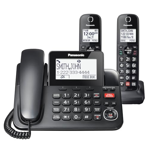 Panasonic Corded Phone/Cordless Phone with Answering Machine, Advanced Call Block and 2-Way Recording, 2 Handsets Expandable up to 6 Cordless Handsets, Landline Telephone - KX-TGF852B (Black)