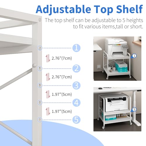 METYERRY Under Desk Printer Stand with Power Outlet, Adjustable Shelf,White