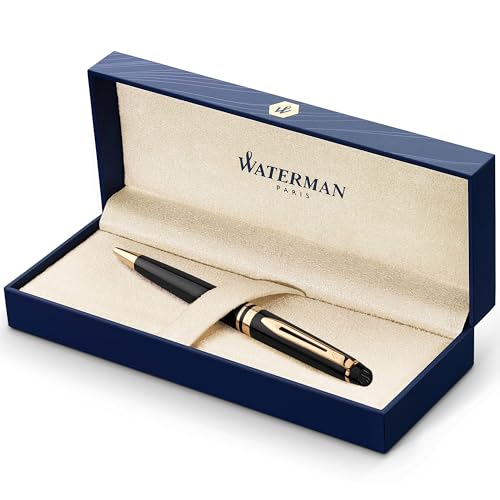 Waterman Expert Ballpoint Pen, Black with Golden Trim, Medium Tip, Blue Ink, Gift Box