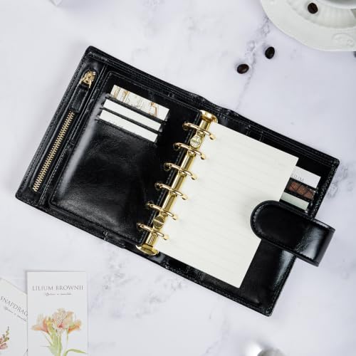 Smartfee Leather Pocket Organiser Planner – 6 Rings Notebook Binder with Flyleaf, Gold Ring 25mm, Oil Wax Leather (Black)