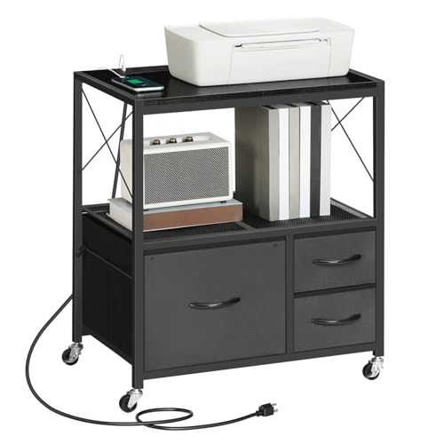 MAHANCRIS File Cabinet with Charging Station, 3 Drawer Lateral Filing Cabinet for Home Office, Mobile Printer Stand with Open Shelf, Fits A4/Letter Size File, Nonwovens Drawer, Black FCHB98E01