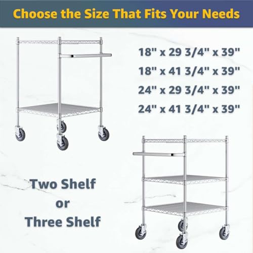 24" x 41 3/4" x 39" Commercial NSF Chrome 3 Shelf Wire Utility Cart with U-Shaped Handle - Heavy-Duty Serving Rolling Metal Cart, Mobile Storage Cart for Warehouse, Office, Retail, Kitchen