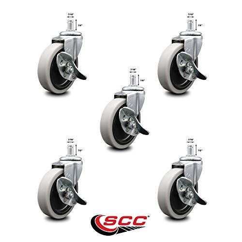 4 Inch Swivel Thermoplastic Rubber Caster Wheels and 7/16 Inch by 7/8 Inch Grip Ring Stem Caster and Brake - 625 lbs. Total Capacity - Set of 5 - Service Caster Brand