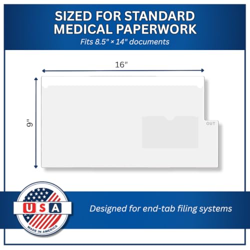 Doctor Stuff - Short Tab Vinyl Outguides, Full Front Pocket, Bottom Charge Out Slip Pocket, Plastic File Folder, Legal Size 9" x 16", White, 50/Box