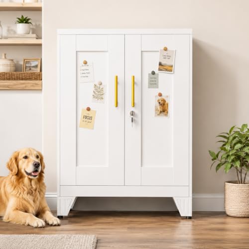 Small Storage Cabinet, 2-Door Short Locker Cabinets Adjustable Shelf