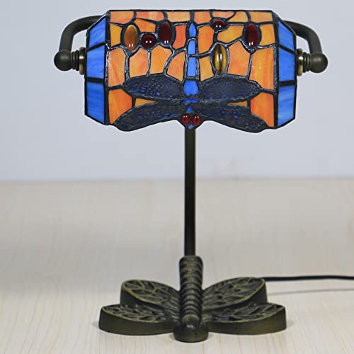 Banker Lamp Tiffany Desk Lamp Green Orange Dragonfly Stained Glass Desk Lamp, Adjustable Top Luxury Memory Piano Lamp, for Library Use