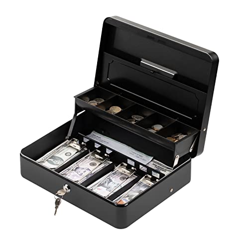 Tera Cash Box with Key Lock: Anti Theft Safe Lock Box with Money Tray 4 Bill 5 Coin Inner Tray 11.8" x 9.4" x 3.5" Large Capacity Rounded Corners for Small Businesses Yard Sale Home KL380