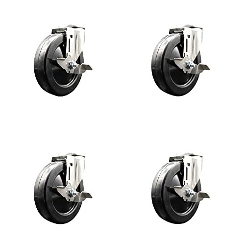 Hard Rubber Swivel Bolt Hole Caster Set of 4 with 5 Inch Black Caster Wheels - 316 Stainless Steel Casters-Includes 4 Swivel Casters with Top Lock Brakes-1,200 lbs. Total Capacity-Service Caster Brand