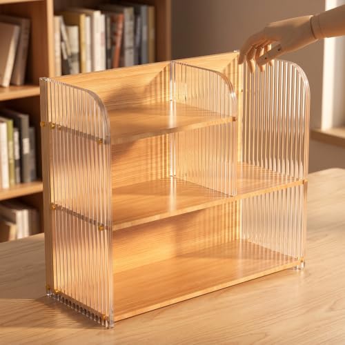SLMPRTK Book Organizer Multi-Layer Density Board Small Bookshelf Storage Rack Desktop Acrylic Bookshelf Organizer for Home Office School Compact Book Rack Display 50x22x37cm