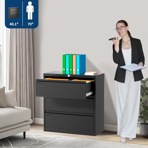 CABIHOME Black 3-Drawer Steel Lateral Filing Cabinet with Lock, Smooth-Gliding Drawers for Letter/Legal/A4 Files, Heavy-Duty Home Office Storage