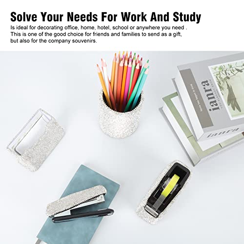 Bling Crystal Luxury Handmade Diamond Round Pencil Pen Pot Holder & Stapler & Card Holder & Desktop Tape Dispenser Office Stationery Kit for Fashion Girls Women(White)