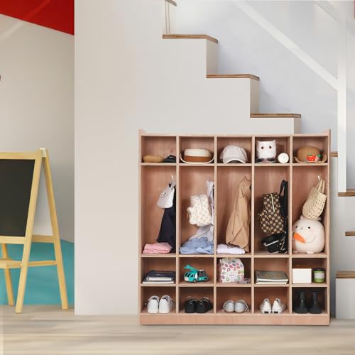GarveeHome 5-Section Classroom Coat Locker, 20 Cubbies for Classrooms, Daycare Cubby with 4 Casters, 5 Hooks and 2 Storage Boxes, for Home, School, Kindergarten