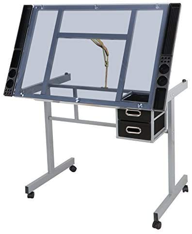Epetlover Adjustable Drafting Table Drawing Desk Folding Tempered Glass Top Art Craft Work Station w/2 Slide Storage Drawers and Wheels