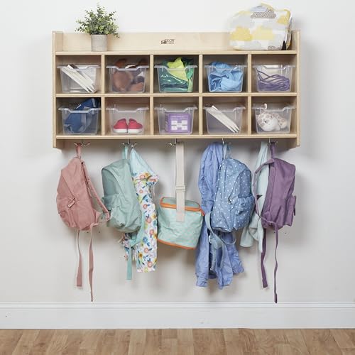 ECR4Kids 10-Section Coat Locker with Shelf and Bins, Natural, Clear
