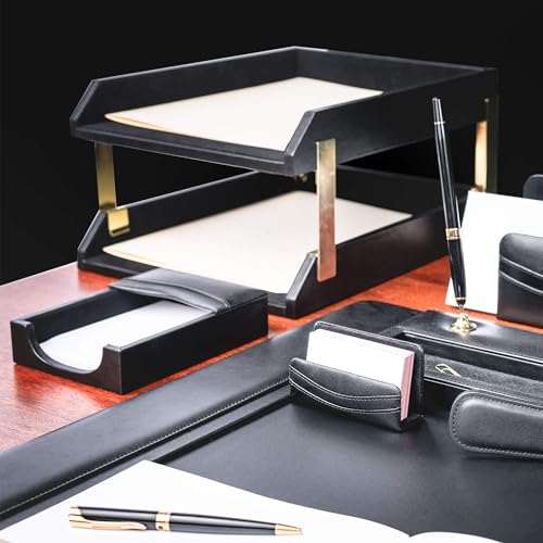 Dacasso Classic Black Leather Front-Load Double Letter Tray Set w/Gold Stacking Posts - Luxury Executive Decor and Office Essential - Desk Surface Protector