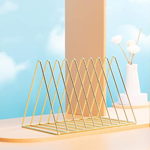 GLigeT File Rack Triangle File Folder Racks and Magazine Holder, 10 Slot Metal Newspaper Holder Magazine File Storage for Home Office Decoration (Golden) Magazine Holders