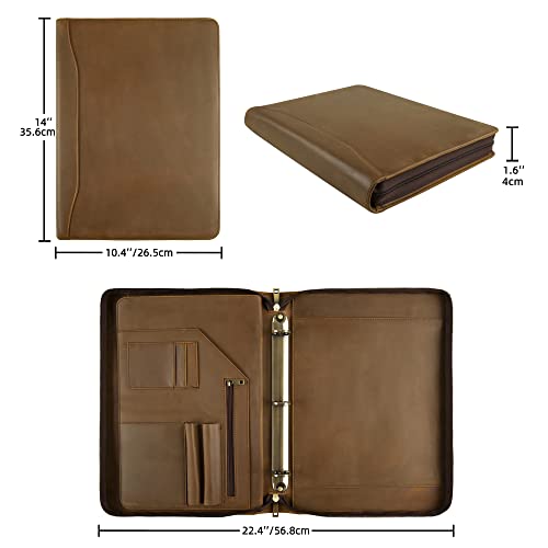 Genuine Leather Portfolio Binder, Vintage Leather Binder 3 Ring, Personalized Portfolio Organizer for Men & Women, Custom Padfolio Folder with Name/Logo Engraved (Khaki)