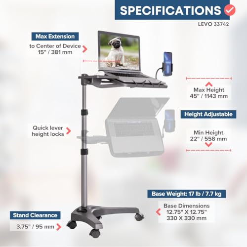 LEVO V16 Rolling Laptop Stand Laptop Cart with Mouse Tray, Phone Holder