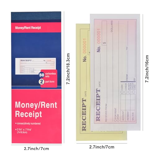 42 Pack Receipt Book with Carbon Copies, Money and Rent Receipt Book 2 Part Carbonless, 2-3/4" x 6-1/2" Receipt Book for Small Business, 50 Sets per Book