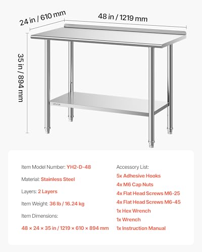 VEVOR Stainless Steel Work Table, 24x48 Inch Food Prep Table with Backsplash, Commercial Kitchen Workstation with Adjustable Undershelf, Metal Heavy Duty Utility Worktable, for Restaurant Home Outdoor
