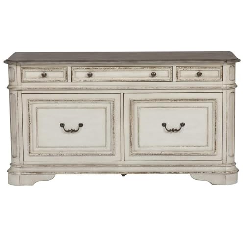 Pemberly Row French Dovetail Drawer Credenza Desk, White and Brown Finish, Poplar and Rubberwood Construction, Antique Pewter Hardware, Spacious Storage, Indoor Office Furniture for Organized