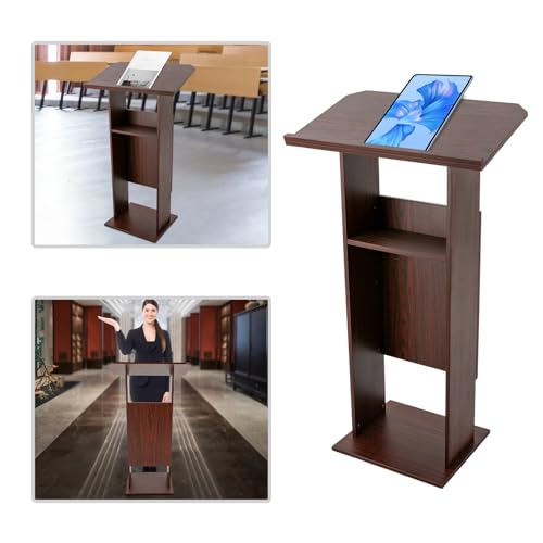 Podium Stand, Mobile Lectern with 4 Locking Wheels, Wooden Lectern Stand with Storage Board, Floor Standing Speaking Pulpit for Home Office Wedding Conference (Brown)