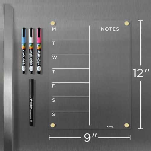 Visibly Magnetic Acrylic Weekly Planner for Fridge 9” x 12”, Clear Wet Erase Meal Planner & Notes Board, Refrigerator Organizer with 4 Magnetic Markers and Silver Corner Magnets