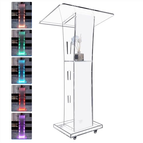 Acrylic Podium Stand - 42.5” Clear Pulpit with 15 Adjustable LED Colors and Storage Shelf - Perfect Lectern Ideal for Churches, Conferences, Classrooms, Weddings, and Events (with Wheel)