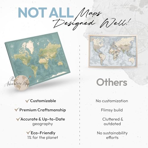 Premium Detailed World Map Pinboard on Canvas | Interactive Map with Pins | Perfect for Marking Your Adventures and Memories | Pin Adventure map (32 x 24)