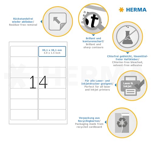 HERMA Self Adhesive Removable Address Mailing Labels, 14 Labels Per A4 Sheet, 1400 Labels for Printers, 99.1 x 38.1 mm (10310), White