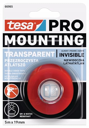 tesa® Double Adhesive Tape Double Sided Mounting Tape Craft 5 m x 19 mm Removable Permanent Adhesive in Transparent Adhesive Tape for Mounting Work Indoor and Outdoor Use No Drilling Extra Strong