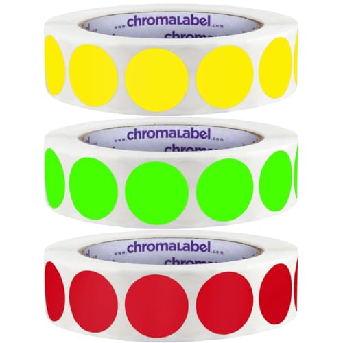 ChromaLabel 1" Red, Yellow, & Fluorescent Green Dots,1000/Roll Each Color