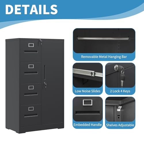 EKJ 4 Drawer File Cabinet with Lock & 1 Door, Metal Storage Unit with Shelves and Hanging Rod, Vertical Filing Cabinet for Home Office, Fits Letter/Legal/A4/F4, Easy Assembly (Black)