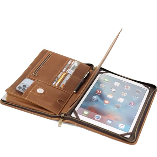 Portfolio Binders - Genuine Leather Padfolio - Business Notebook Organizer w/Zipper and Handle for Resume & Work - Padfolio for Men & Women w/Notepad Fit iPad Pro 12.9" Portfolio with AirTag Holder